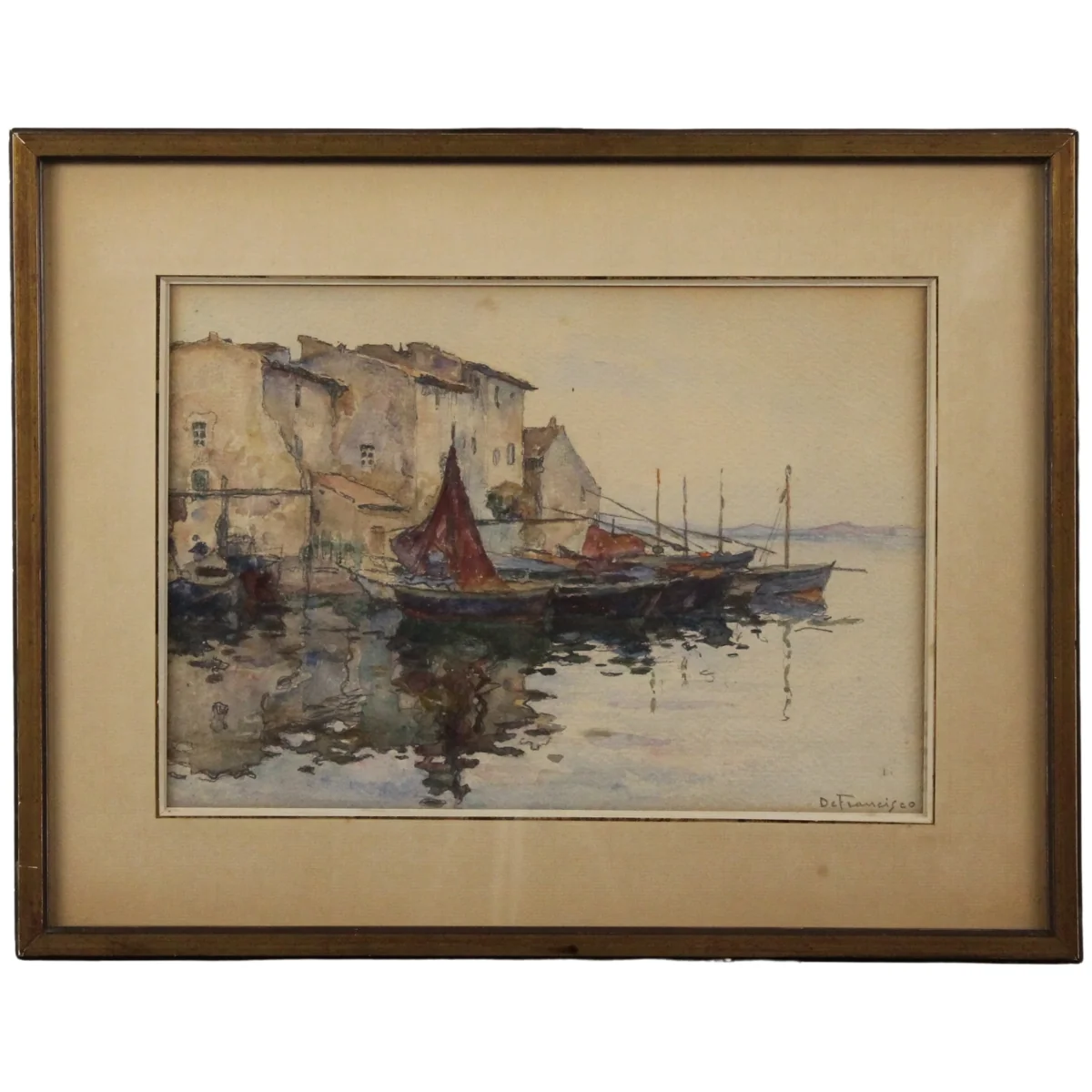 Pietro De Francisco (1873/1969) "Veduta di porto con barche di pescatori"
